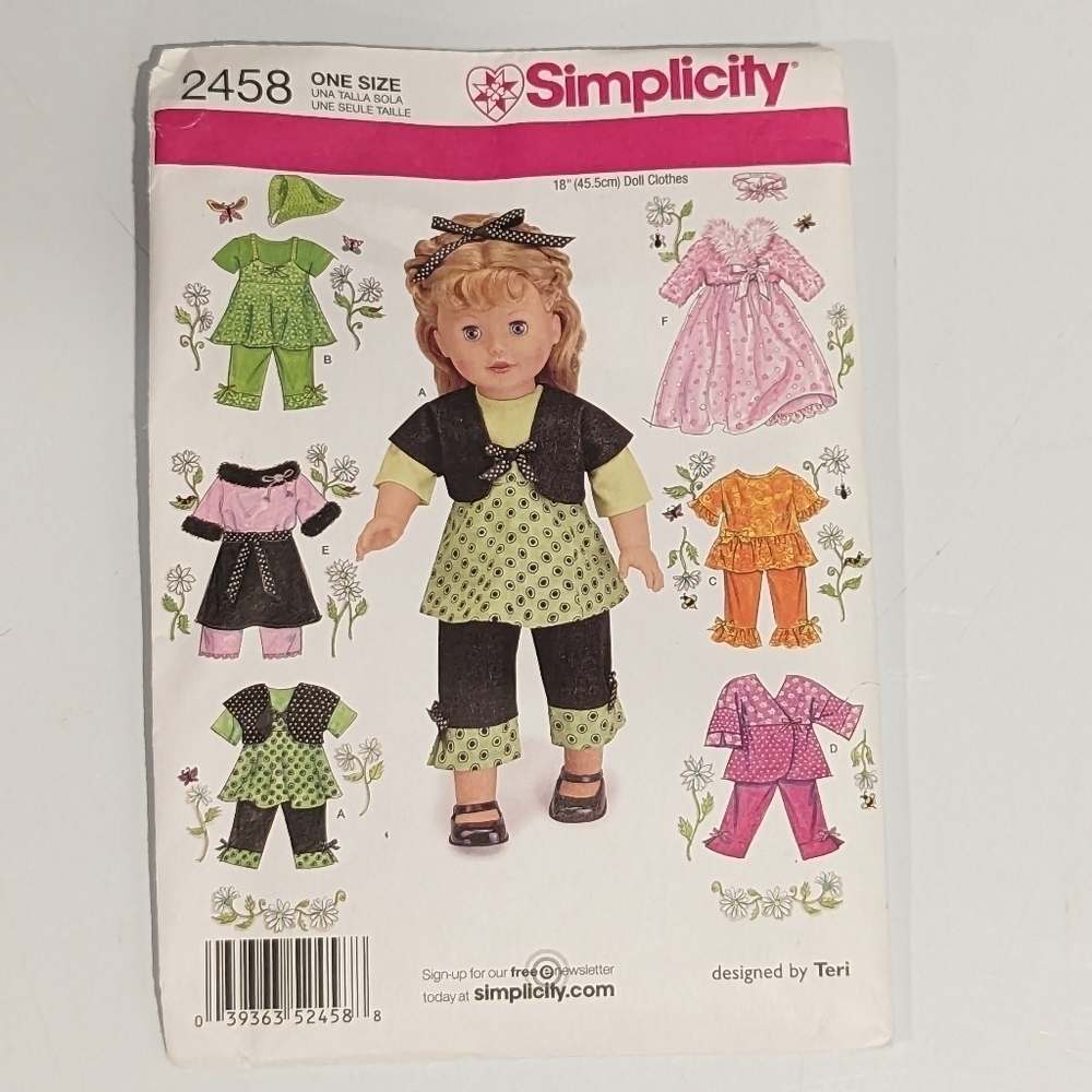 2/$20 Simplicity 18" doll clothes pattern 2458